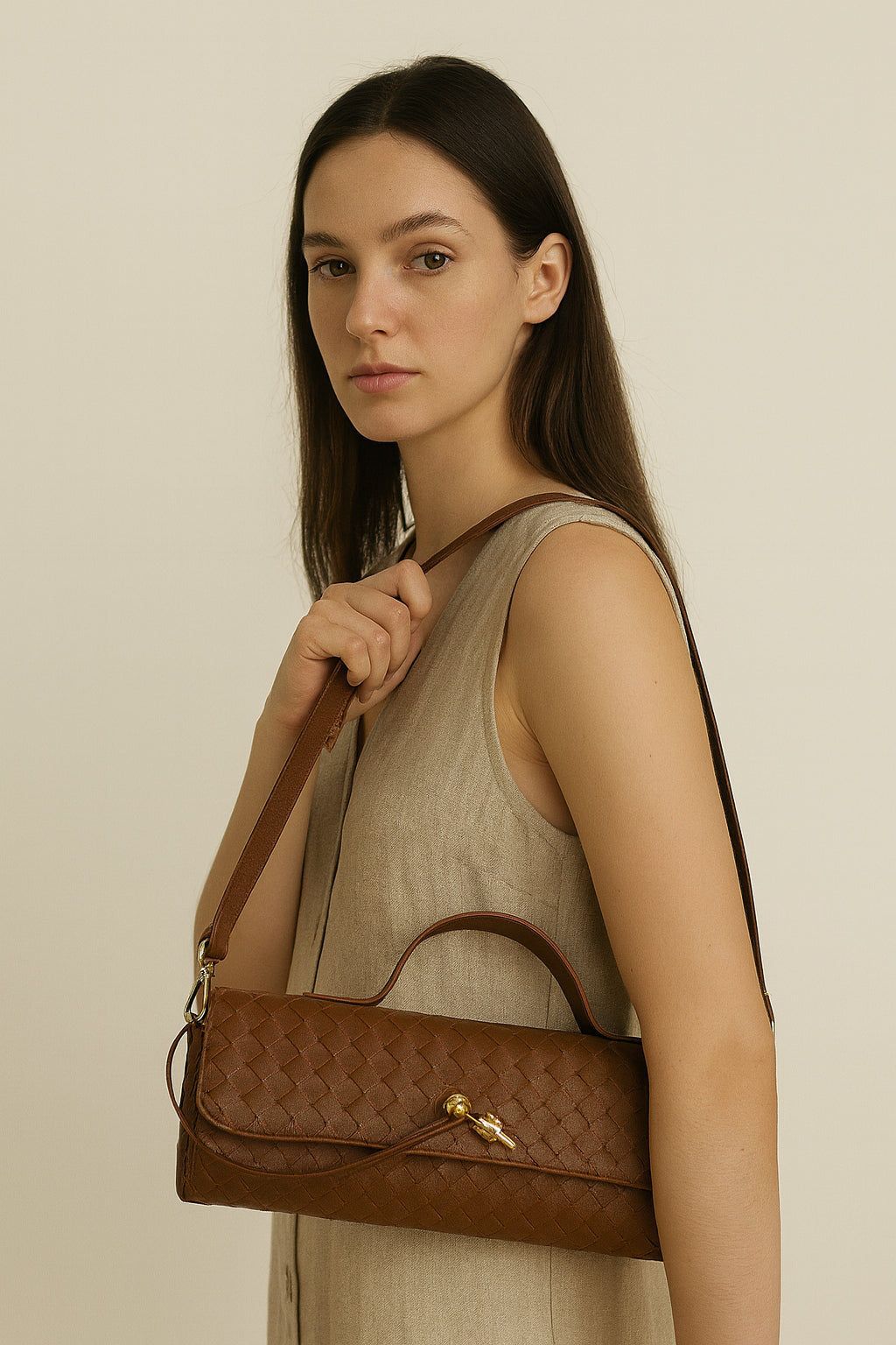 Modelis su rankine 'Firenze', natūralaus lino suknelė, ruda spalva