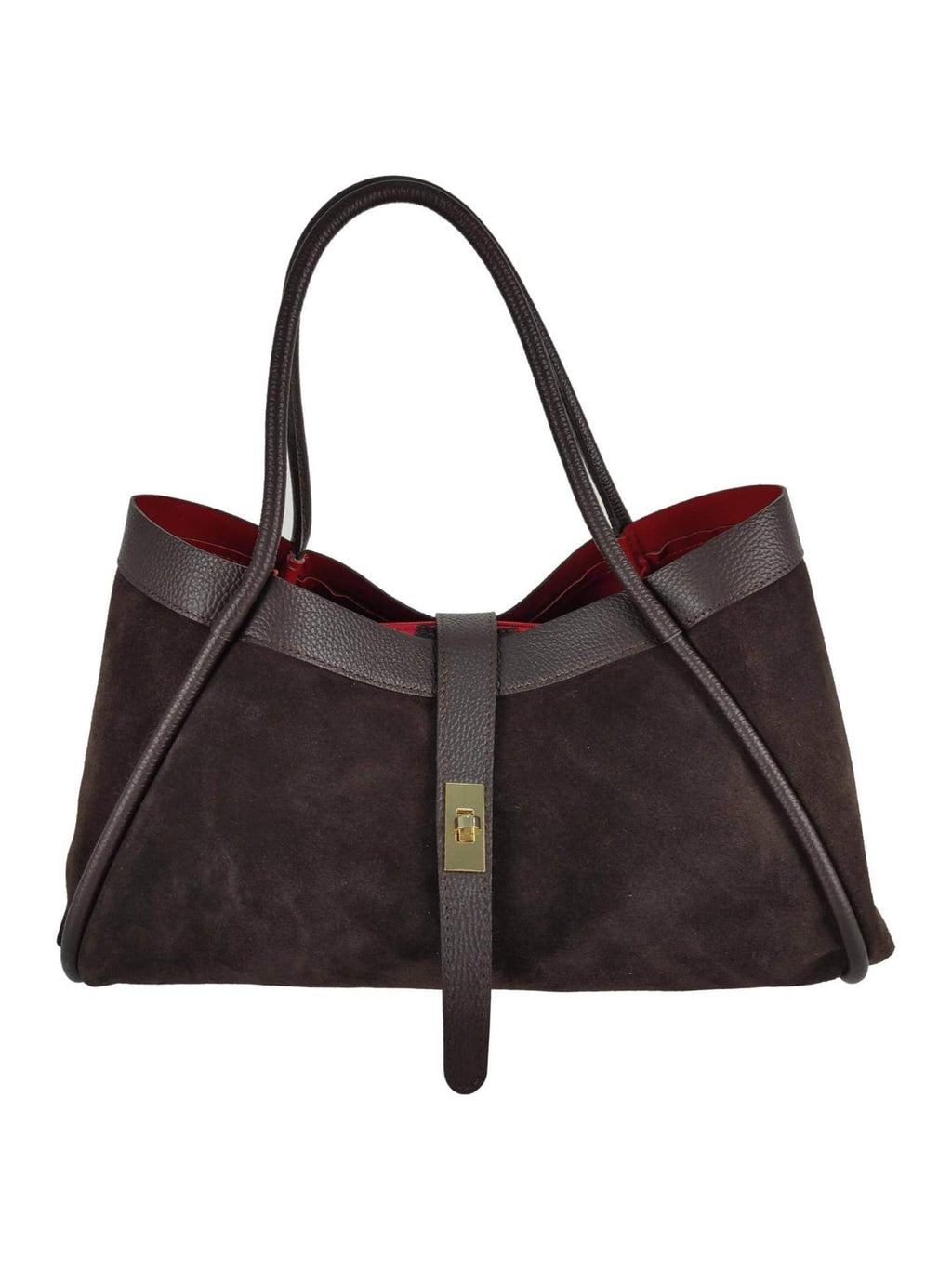 Zomšinė rankinė 'Verona' – priekinis vaizdas, tamsiai ruda su bordo vidumi