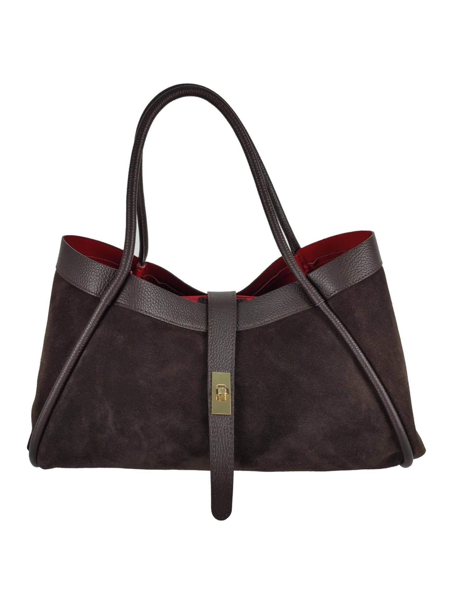 Zomšinė rankinė 'Verona' – priekinis vaizdas, tamsiai ruda su bordo vidumi